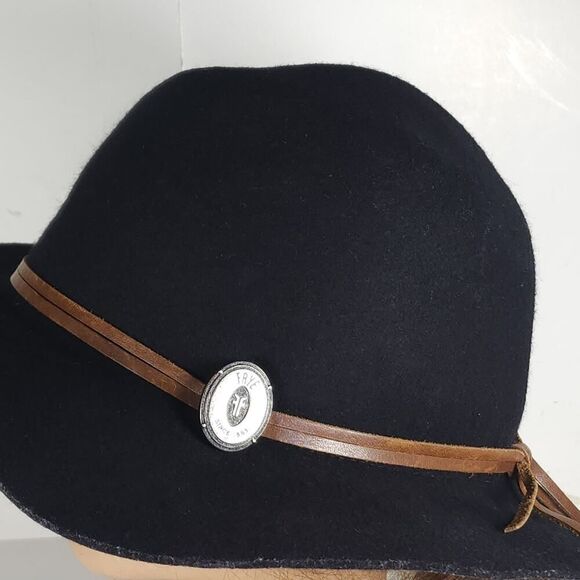 Frye Women's Size Medium /Large Black Wool Felt Brown belt Fedora Hat - Picture 10 of 13
